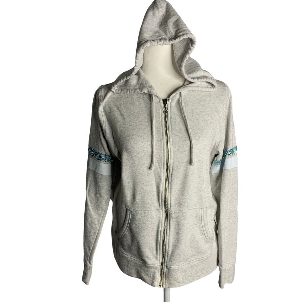 Victoria's Secret Full Zip Hooded Sweatshirt M Grey Sequins Pockets Long Sleeve - Picture 3 of 8